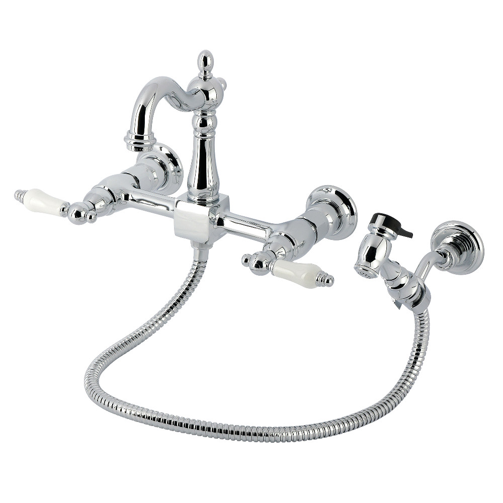 Picture of Kingston Brass KS2441PLBS Heritage Double-Handle Wall-Mount Bridge Kitchen Faucet with Brass Sprayer - Polished Chrome
