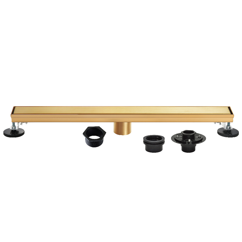BSFK2827 28 in. Stainless Steel Linear Shower Drain with Tile Insert, Flat Grate, Base Flange & Hair Strainer - Brushed Brass