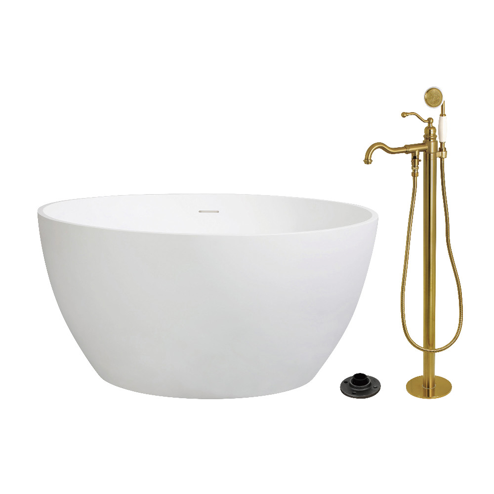 KRTRO4545137AL 45 in. Solid Surface Round Double Ended Freestanding Tub with Faucet Combo & Drain - Brushed Brass