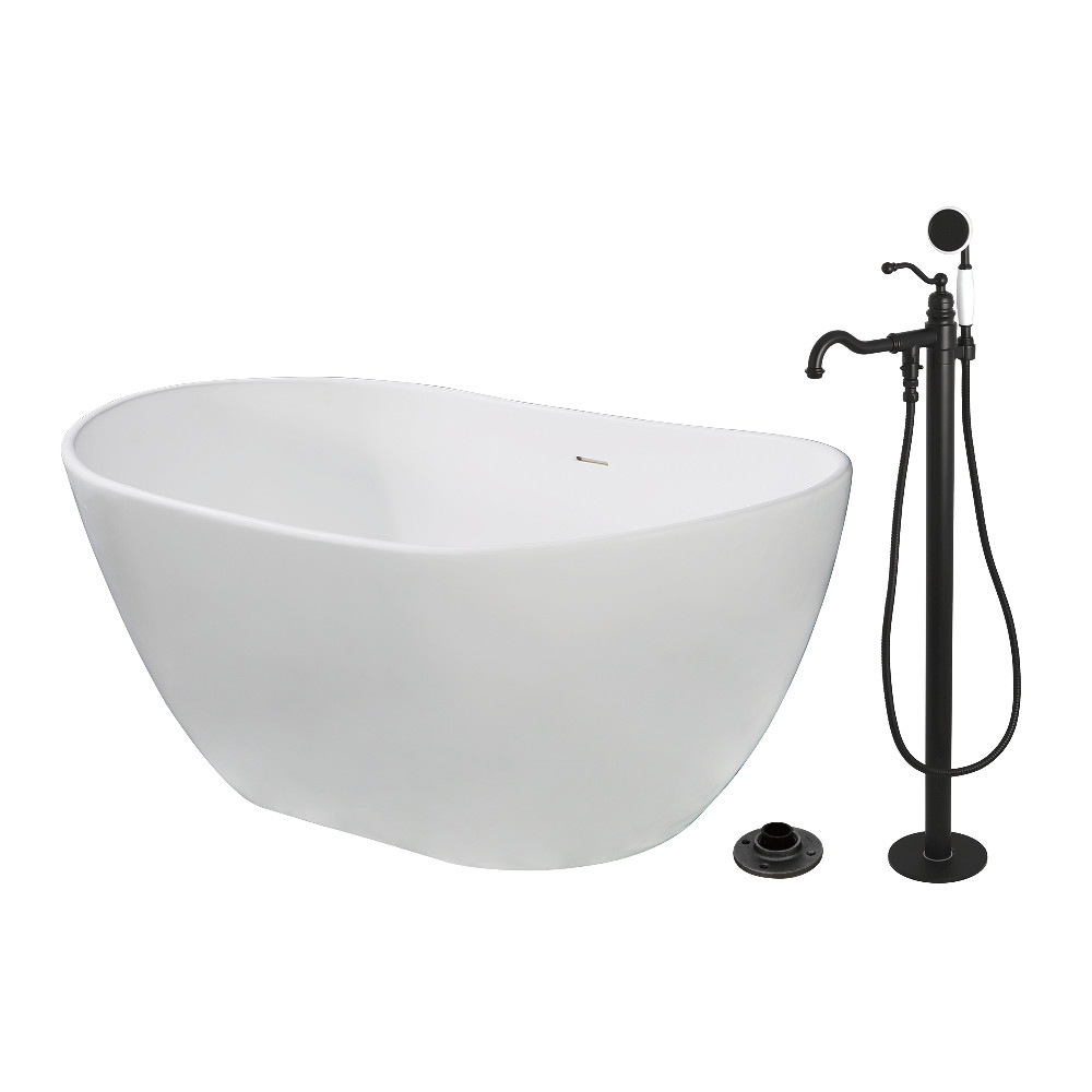 KRTRS5732130AL 57 in. Solid Surface Oval Double Slipper Freestanding Tub with Faucet Combo & Drain - Matte Black