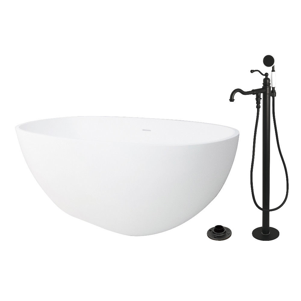 KRTRS6531130AL 65 in. Solid Surface Oval Double Ended Freestanding Tub with Faucet Combo & Drain, Matte Black