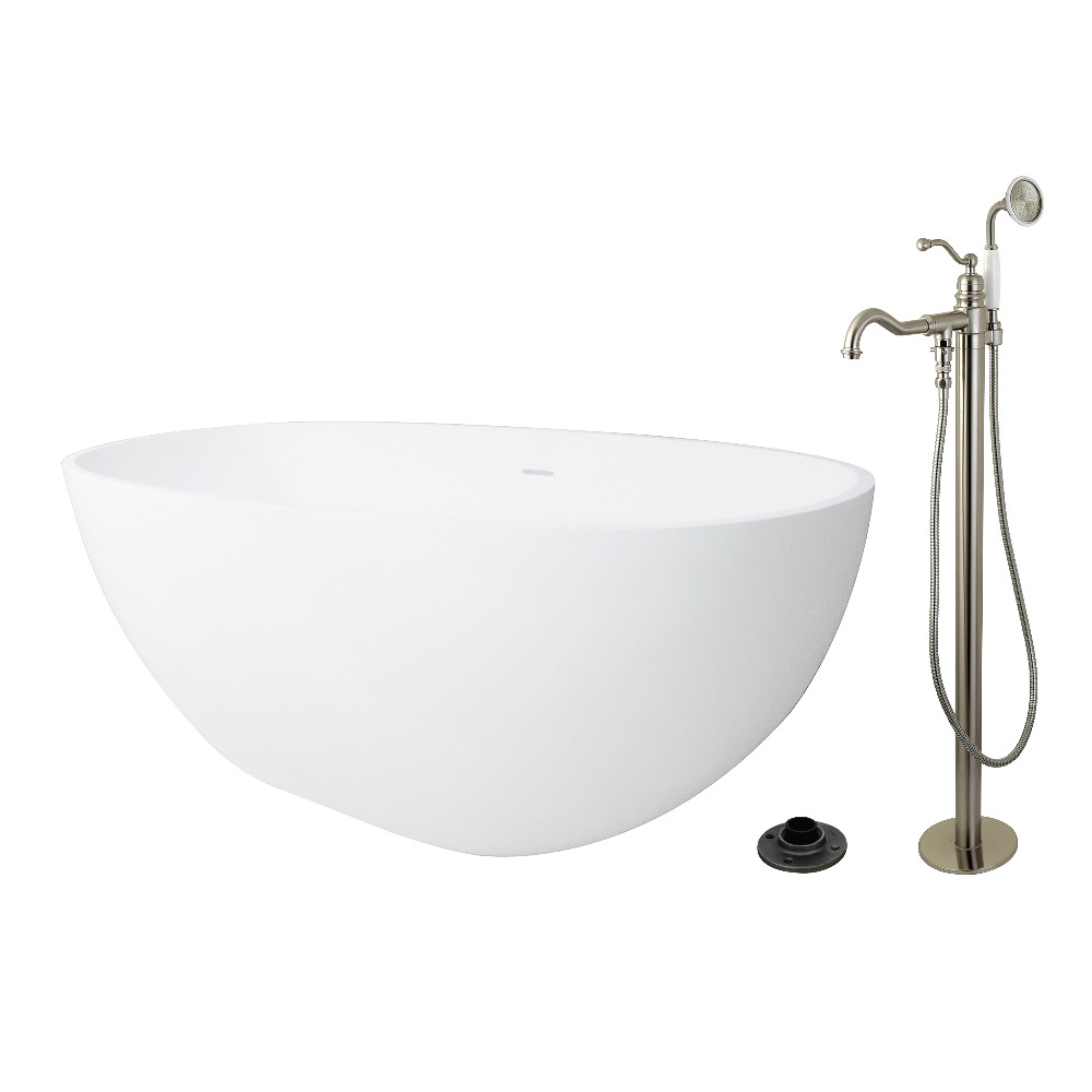 KRTRS6531138AL 64.93 x 31.87 x 22.43 in. Solid Surface Oval Double Ended Freestanding Tub with Faucet Combo & Drain - Brushed Nickel