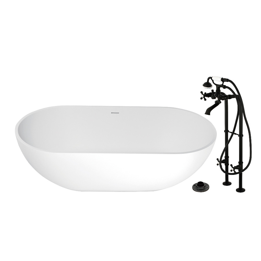 KRTRS7035266K0 70 in. Solid Surface Oval Double Ended Freestanding Tub with Faucet Combo & Drain - Matte Black