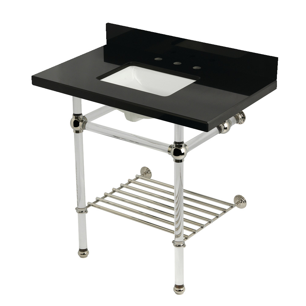 KVPK36KASQB6 36 x 22 x 38 in. Templeton Black Granite Console Sink with Acrylic Legs & Shelf - Black Granite & Polished Nickel