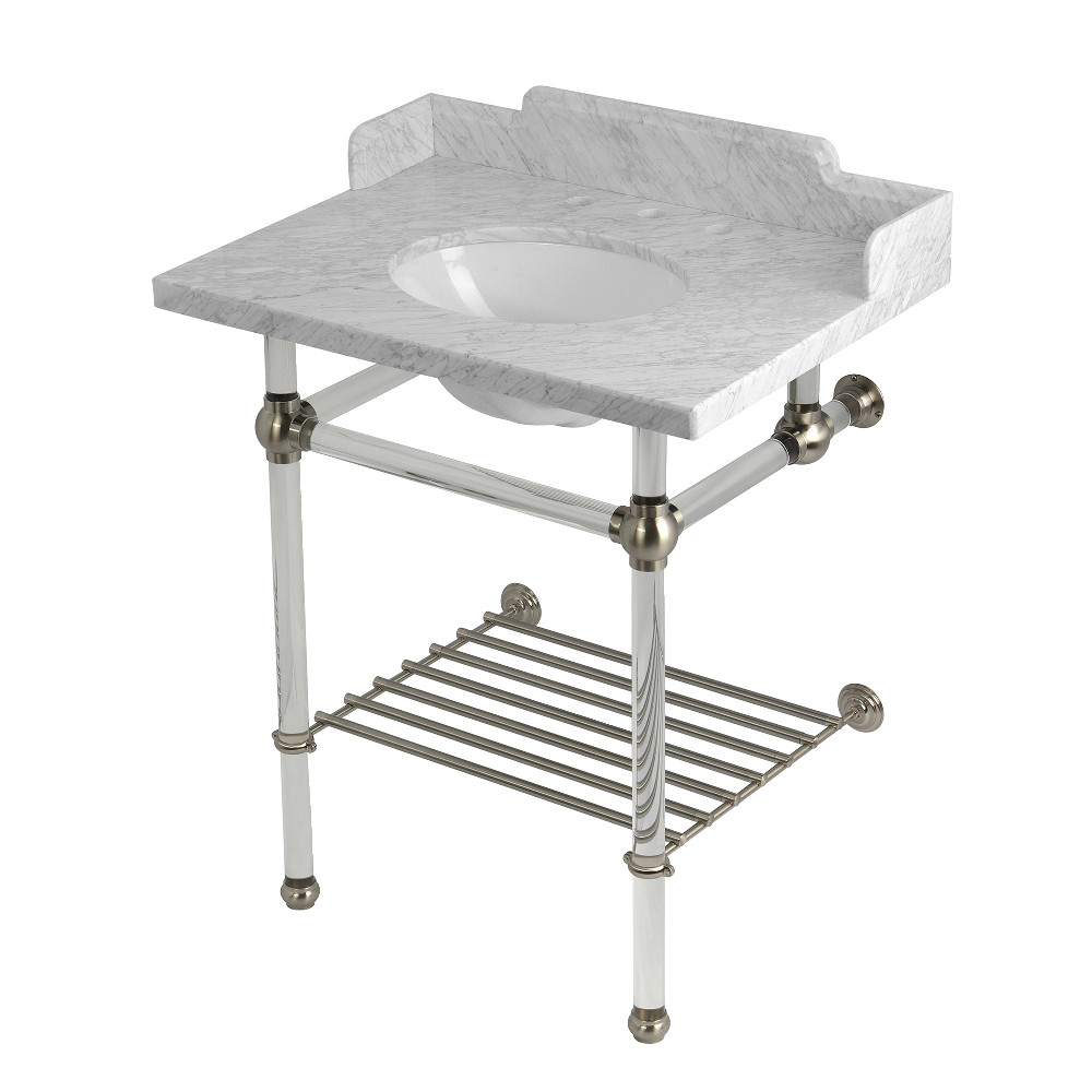 LMS30MAB8 Pemberton 30 in. Carrara Marble Console Sink with Acrylic Legs & Shelf - Carrara Marble White & Brushed Nickel