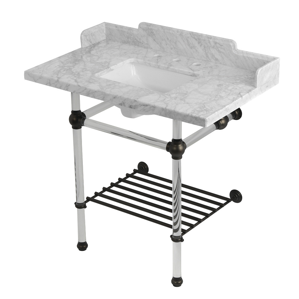 LMS36MASQB5 Pemberton 36 in. Carrara Marble Console Sink with Acrylic Legs & Shelf, Carrara Marble White & Oil Rubbed Bronze