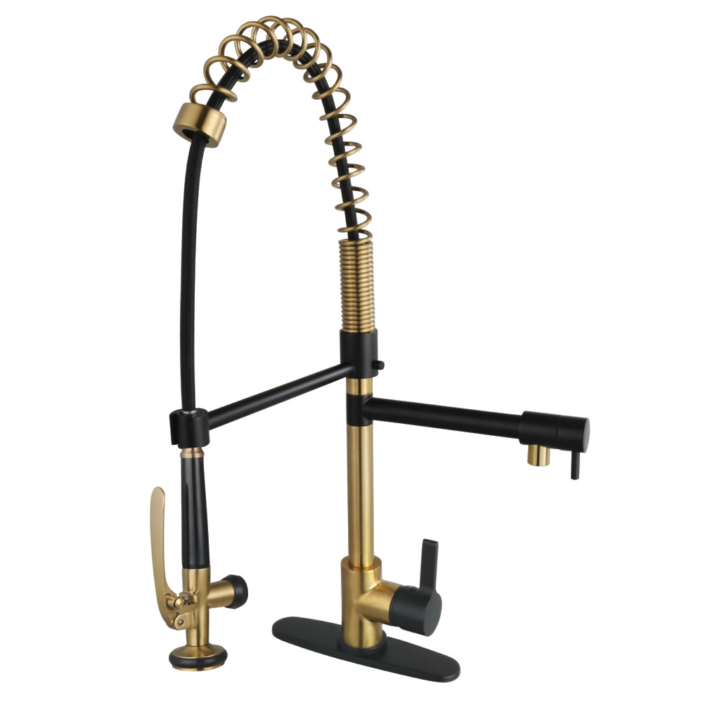 Picture of Kingston Brass LS850CTLBBMB Gourmetier Continental Single-Handle Deck-Mount Pre-Rinse Kitchen Faucet with Pot Filler - Brushed Brass & Matte Black