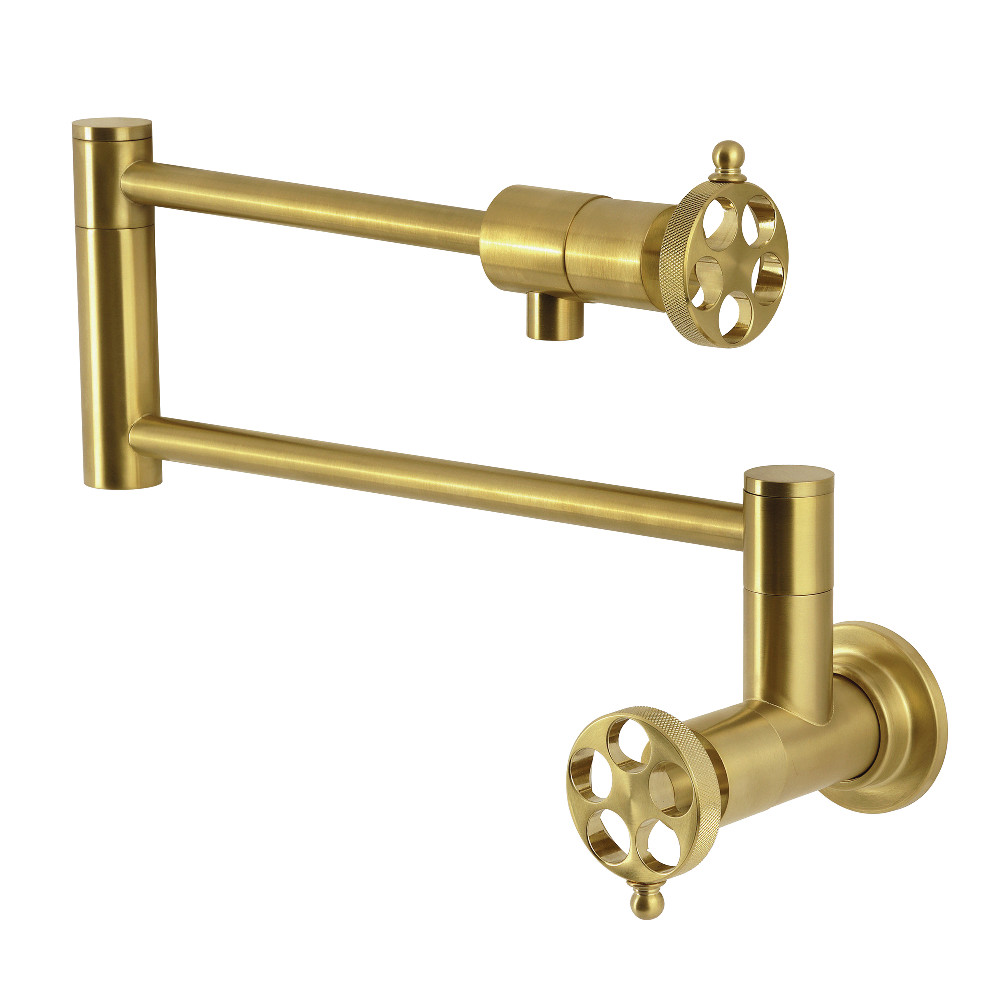 Picture of Kingston Brass KS4107RKZ Wendell Wall Mount Pot Filler Faucet with Knurled Handle, Brushed Brass