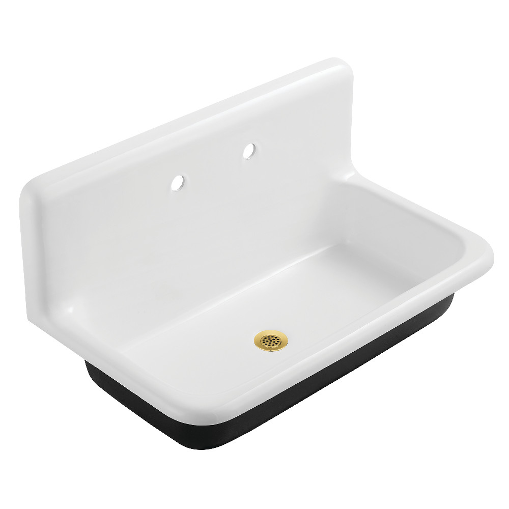 Picture of Kingston Brass KGCLWS3620197 Petra Galley 36 in. Cast Iron Single Bowl Wall Mount Utility Sink with Drain - White & Brushed Brass