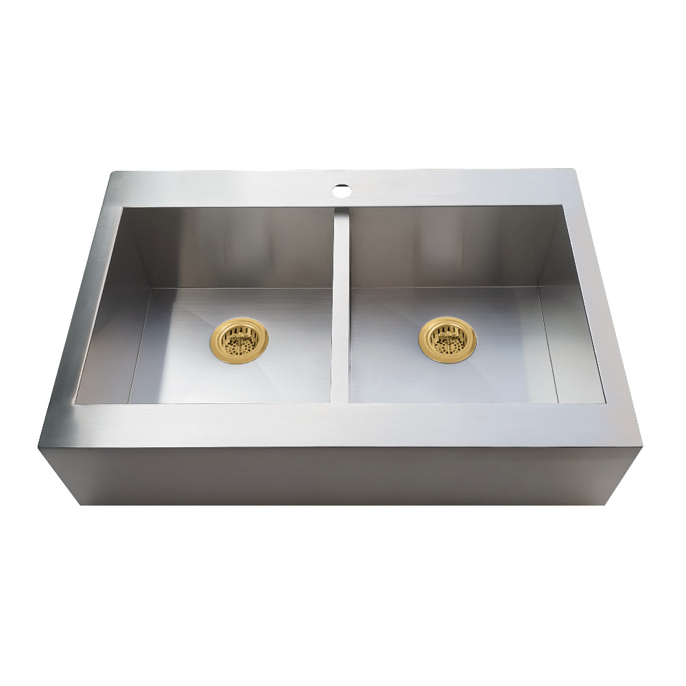 Picture of Kingston Brass KGKTDF3324917 Edinburg 33 in. Stainless Steel Double Bowl Drop-In Kitchen Sink with Strainer - Stainless Steel & Brushed Brass