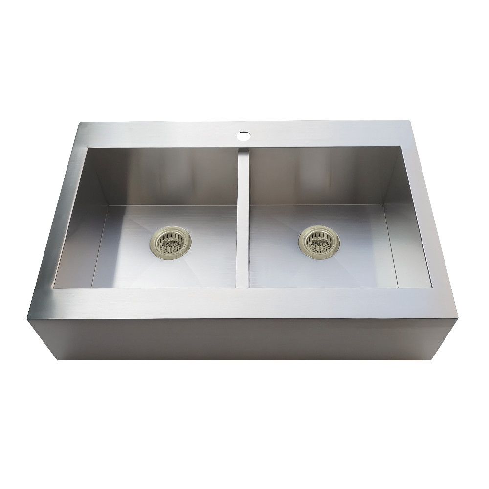 Picture of Kingston Brass KGKTDF3324918 Edinburg 33 in. Stainless Steel Double Bowl Drop-In Kitchen Sink with Strainer - Stainless Steel & Brushed Nickel