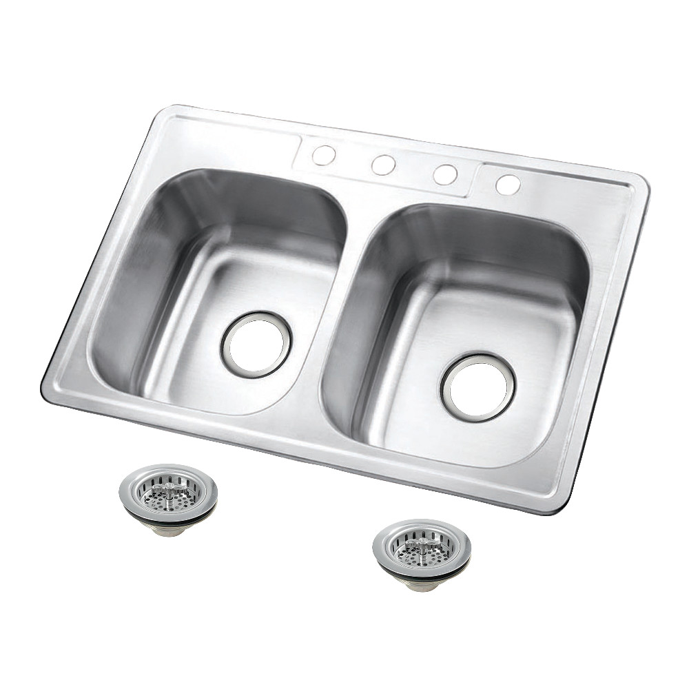 KGKTD332271 33 in. Stainless Steel Self-Rimming Double Bowl Drop-In Kitchen Sink with Strainer - Stainless Steel & Polished Chrome