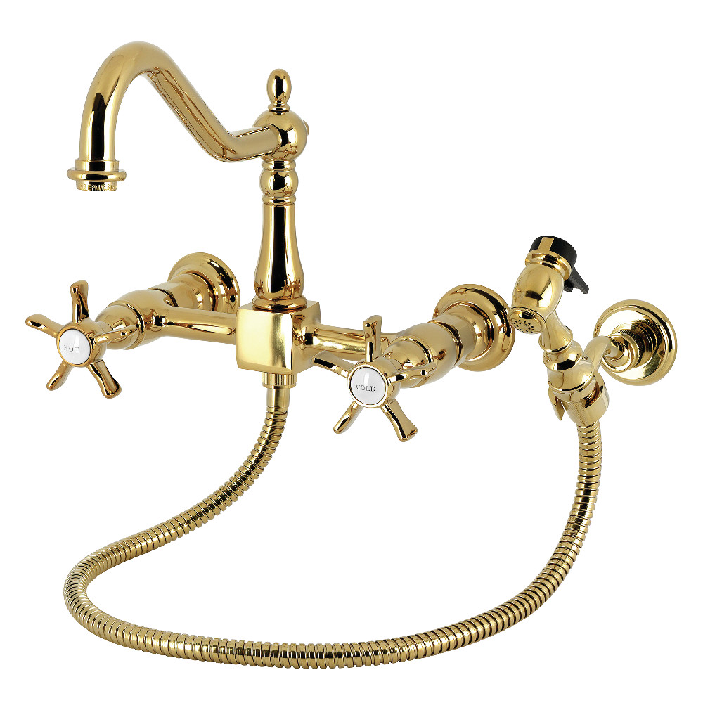 Picture of Kingston Brass KS1242NXBS Hamilton Double-Handle Wall-Mount Bridge Kitchen Faucet with Brass Sprayer - Polished Brass
