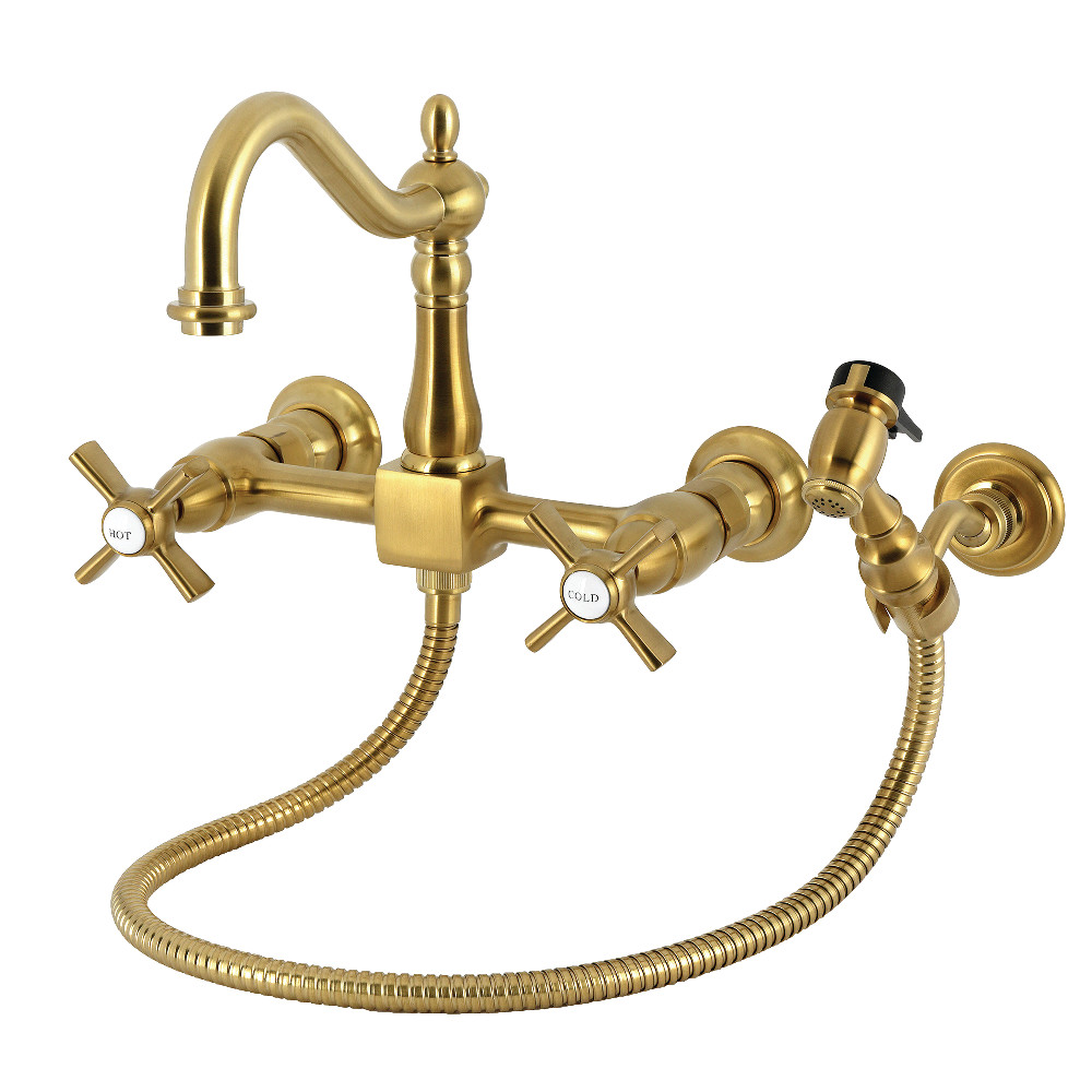 Picture of Kingston Brass KS1267ZXBS Millennium Double-Handle Wall-Mount Bridge Kitchen Faucet with Brass Sprayer - Brushed Brass