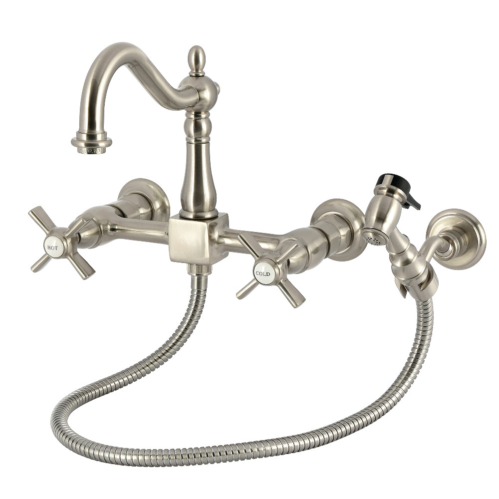 Picture of Kingston Brass KS1268ZXBS Millennium Double-Handle Wall-Mount Bridge Kitchen Faucet with Brass Sprayer, Brushed Nickel
