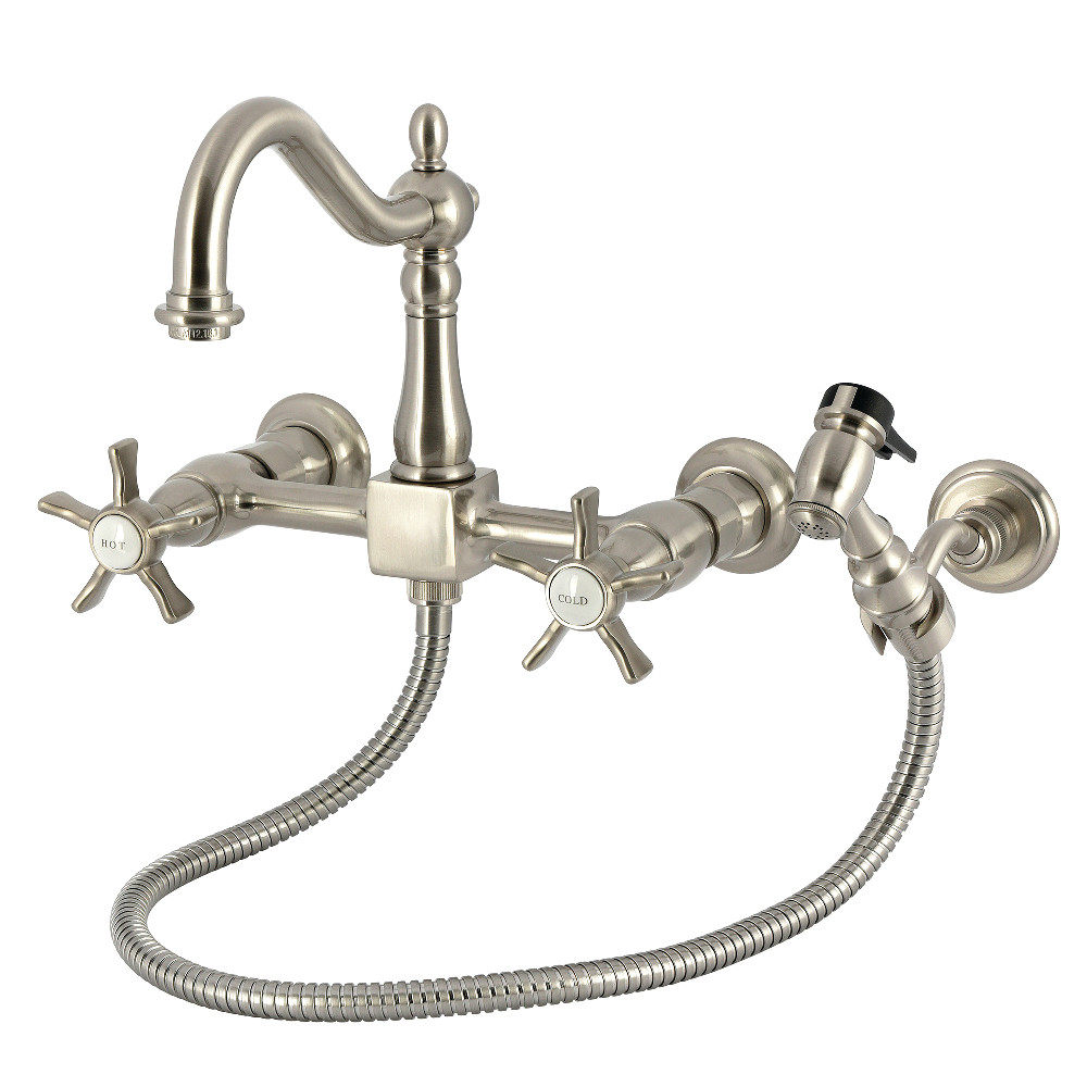 Picture of Kingston Brass KS1268NXBS Hamilton Double-Handle Wall-Mount Bridge Kitchen Faucet with Brass Sprayer, Brushed Nickel