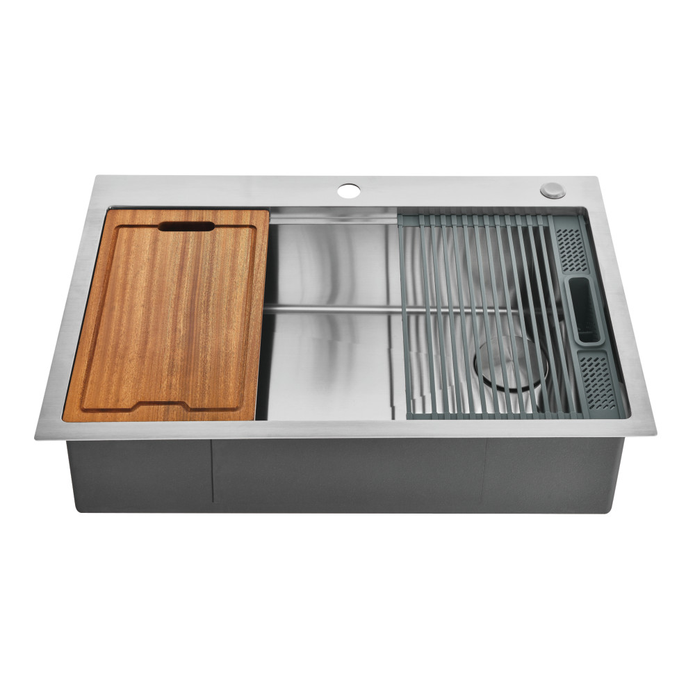 Picture of Kingston Brass GKDS332292 Uptowne 33 in. Stainless Steel Single Bowl Dual Mount Kitchen Sink with Kitchen Accessory Set - Brushed - 6 Piece