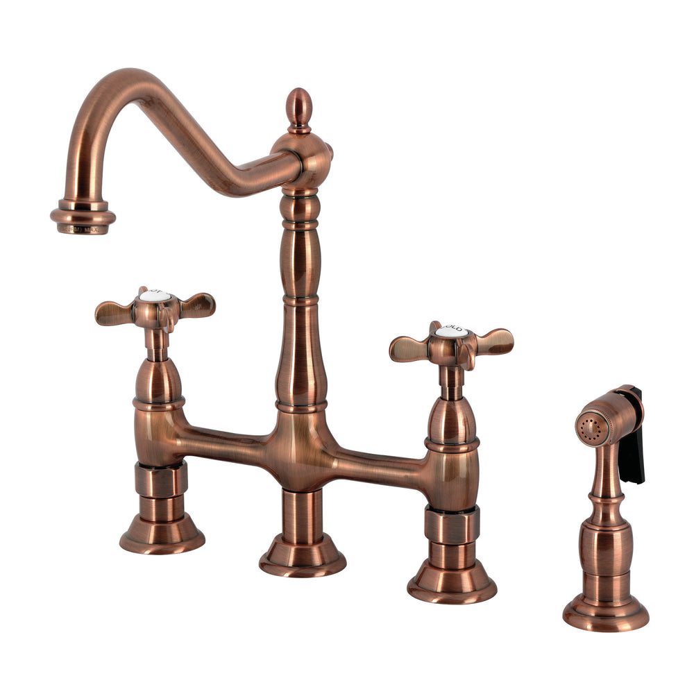 Picture of Kingston Brass KS127BEXBSAC Essex Bridge Kitchen Faucet with Brass Side Sprayer, Antique Copper