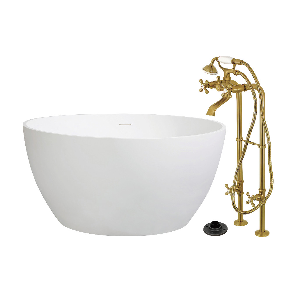 KRTRO4545266K7 45 in. Solid Surface Round Double Ended Freestanding Tub with Faucet Combo & Drain, Brushed Brass