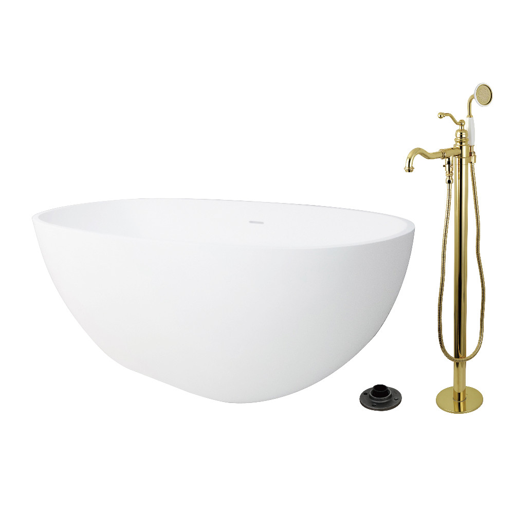 KRTRS6531132AL 65 in. Solid Surface Oval Double Ended Freestanding Tub with Faucet Combo & Drain, Polished Brass