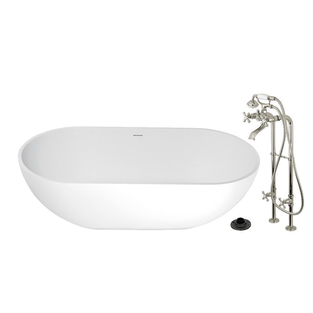 KRTRS7035266K6 70 in. Solid Surface Oval Double Ended Freestanding Tub with Faucet Combo & Drain, Polished Nickel