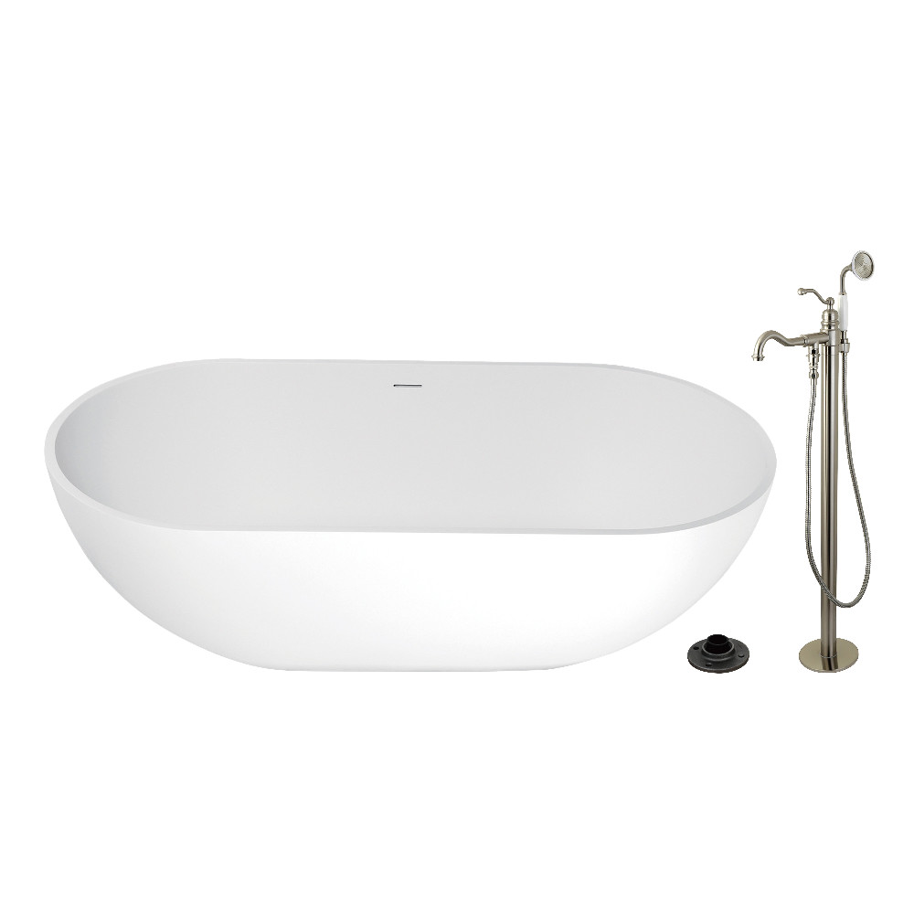 KRTRS7035138AL 70 in. Solid Surface Oval Double Ended Freestanding Tub with Faucet Combo & Drain, Brushed Nickel