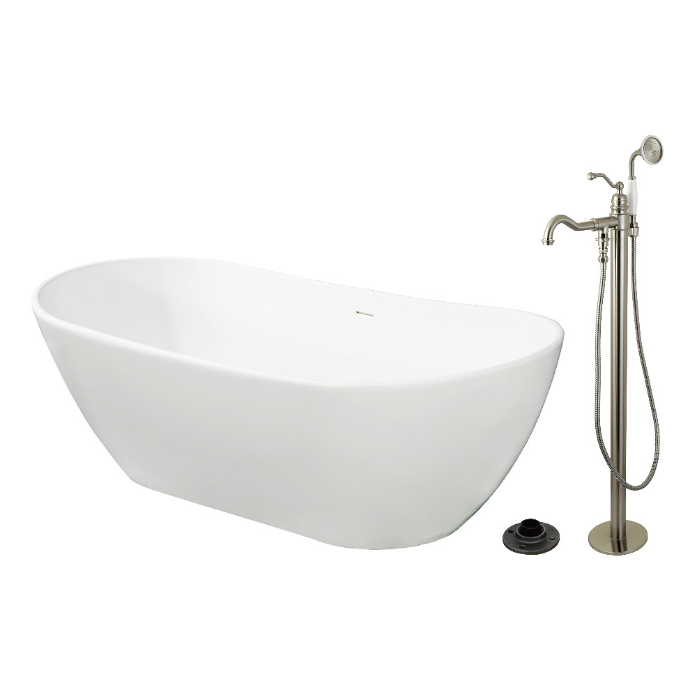KRTRS7232138AL 72 in. Solid Surface Oval Double Ended Freestanding Tub with Faucet Combo & Drain - Brushed Nickel