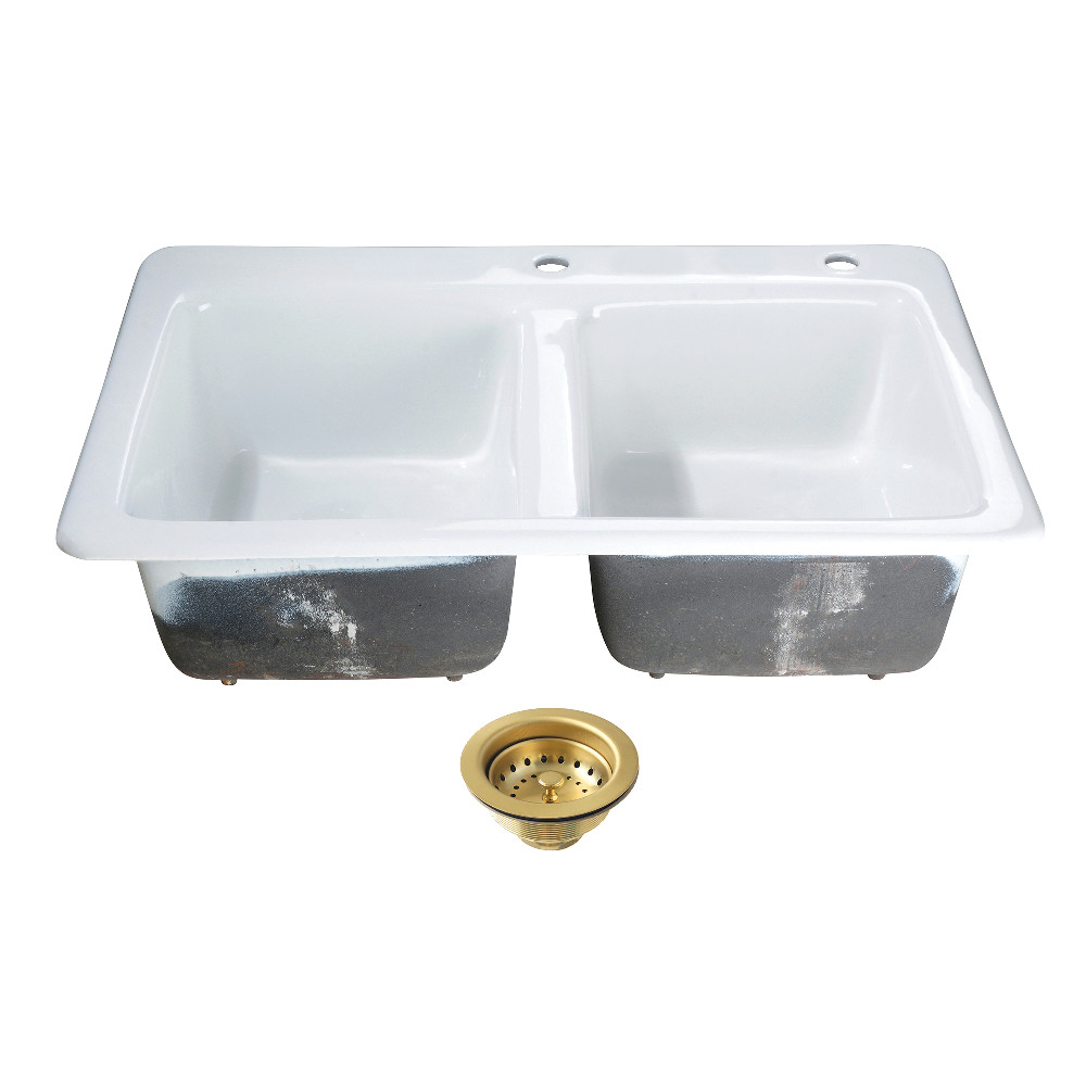 Picture of Kingston Brass KGT33229D27 33 in. Cast Iron Self-Rimming Double Bowl Drop-In Kitchen Sink with Basket Strainers - White & Brushed Brass