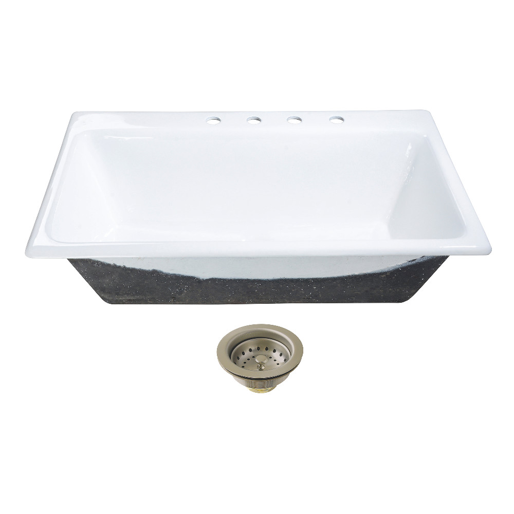 Picture of Kingston Brass KGCKTS3622118 Towne 36 in. Cast Iron Self-Rimming Single Bowl Drop-In Kitchen Sink with Strainer - White & Brushed Nickel