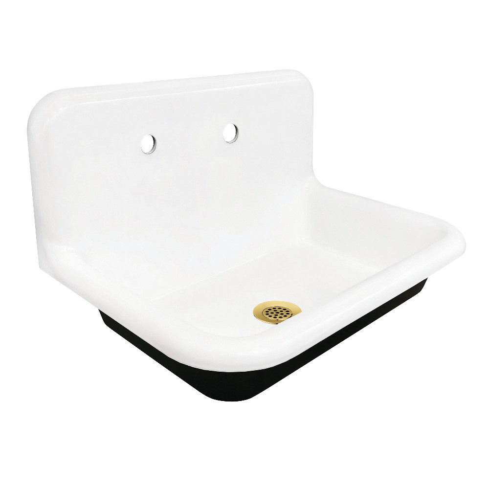 Picture of Kingston Brass KGCLWS3020197 Towne 30 in. Cast Iron Single Bowl Wall Mount Utility Sink with Drain - White & Brushed Brass