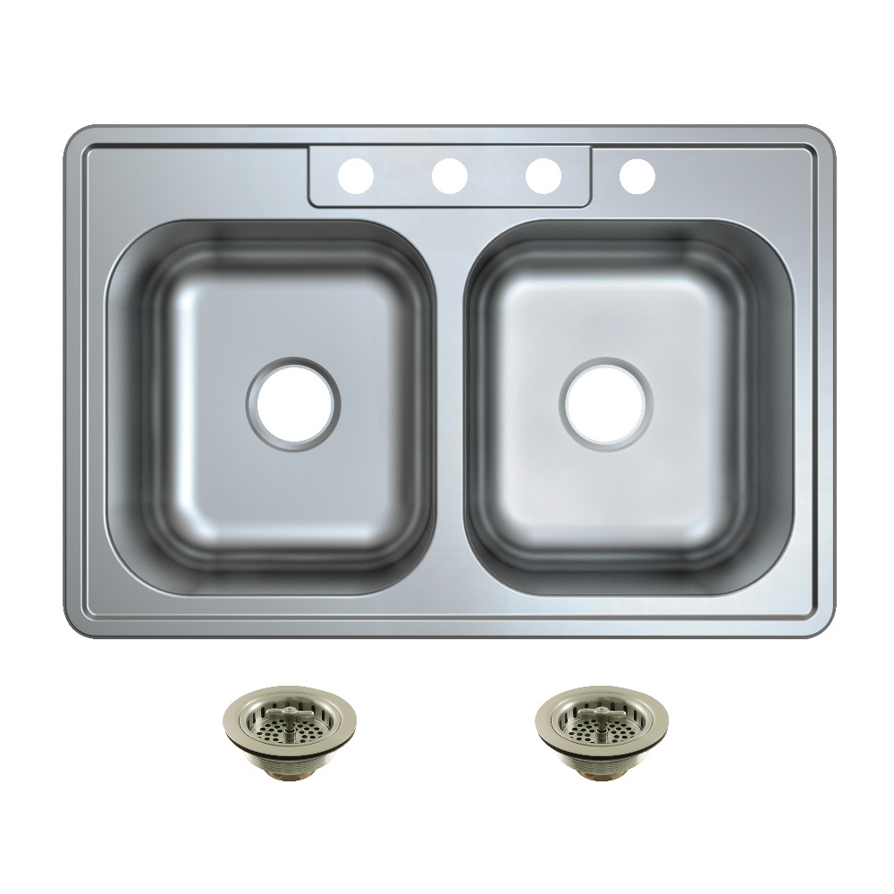 Picture of Kingston Brass KGKTD332288 Studio 33 in. Stainless Steel Self-Rimming Double Bowl Drop-In Kitchen Sink with Strainer, Stainless Steel & Brushed Nickel