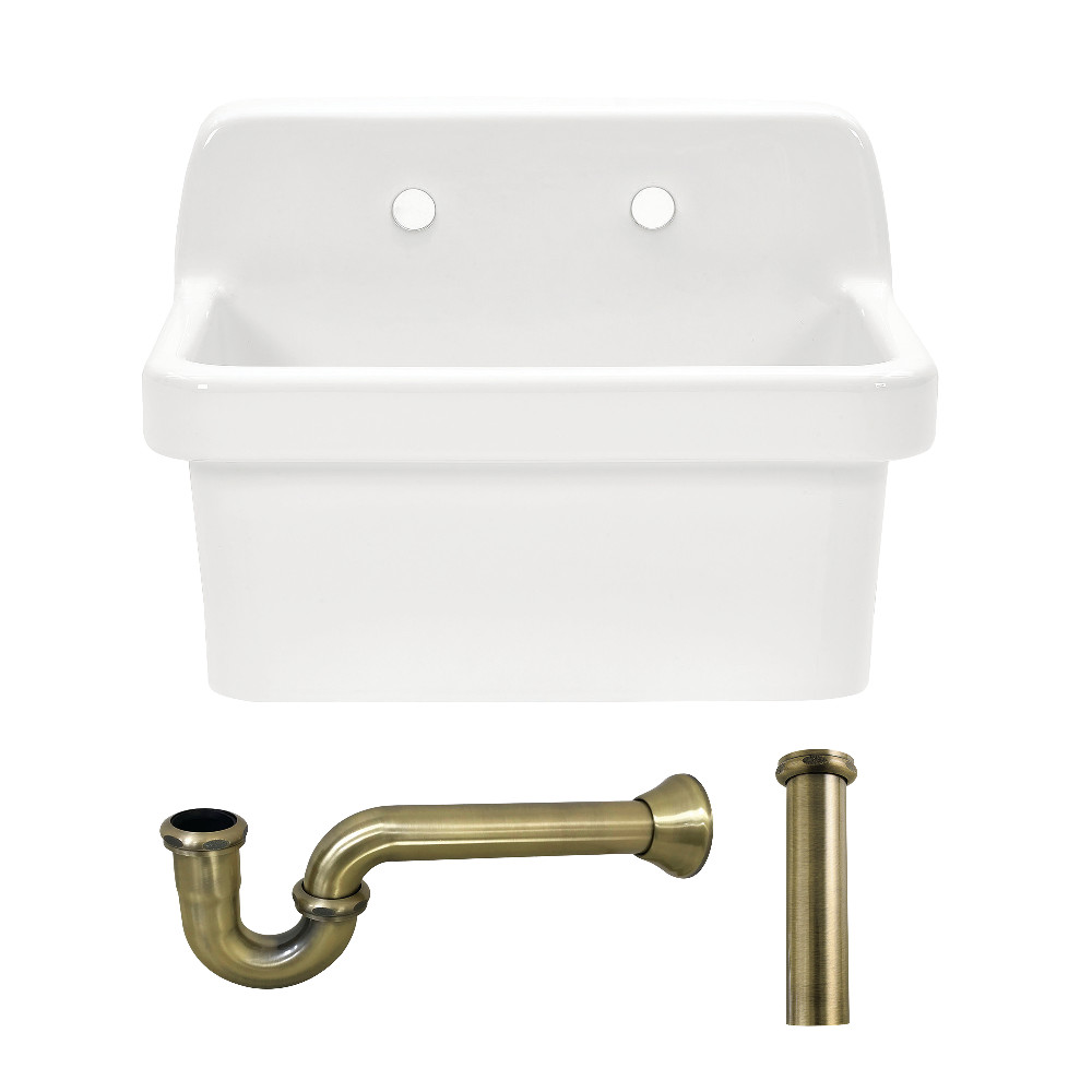 Picture of Kingston Brass KGPKWS2419173 Doriteal 24 in. Ceramic Single Bowl Wall Mount Kitchen Sink with Strainer - White & Antique Brass