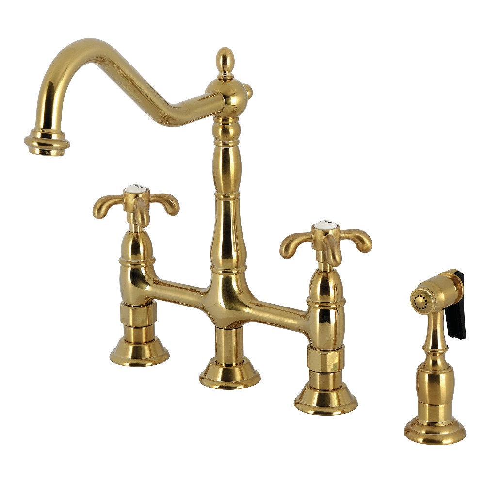 Picture of Kingston Brass KS1277TXBS French Country Bridge Kitchen Faucet with Brass Side Sprayer - Brushed Brass