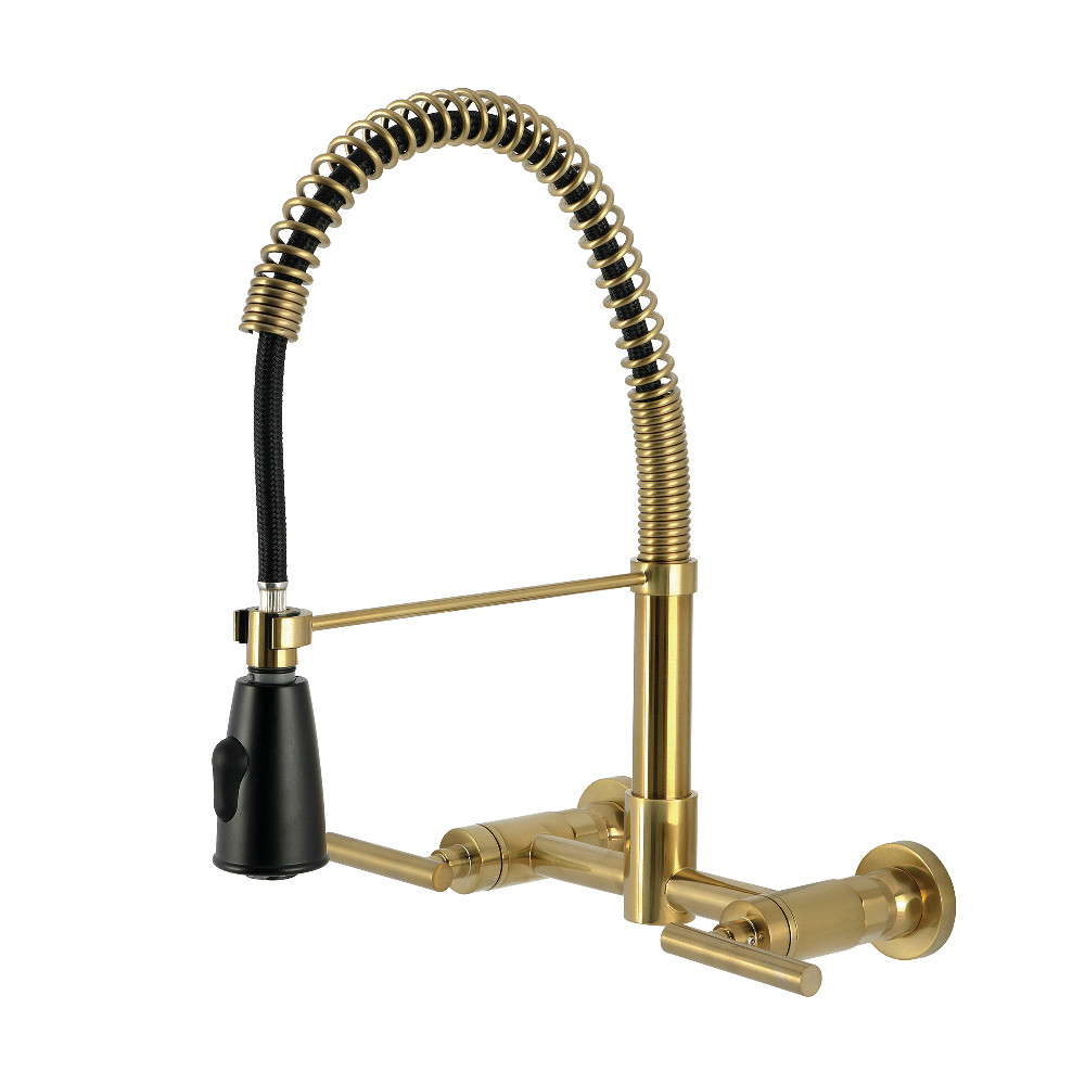 Picture of Kingston Brass GS8287CML Manhattan Double-Handle Wall-Mount Pre-Rinse Bridge Kitchen Faucet, Brushed Brass