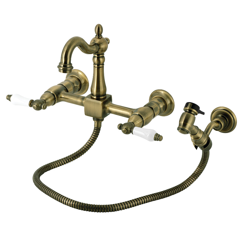 KS2443PLBS Heritage Double-Handle Wall-Mount Bridge Kitchen Faucet with Brass Sprayer - Antique Brass