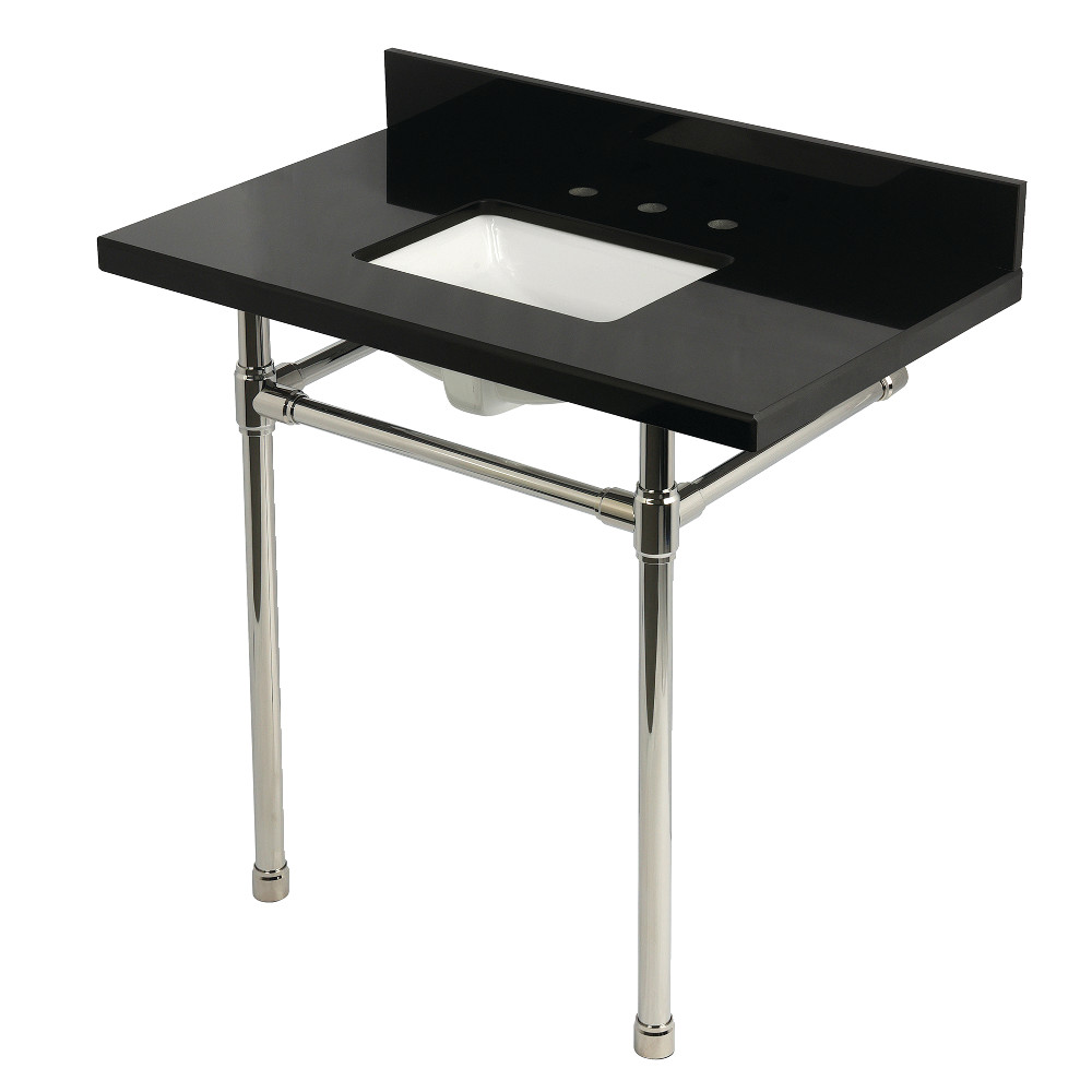 KVPK36K8SQ6ST Dreyfuss 36 in. Black Granite Console Sink with Stainless Steel Legs, Black Granite & Polished Nickel