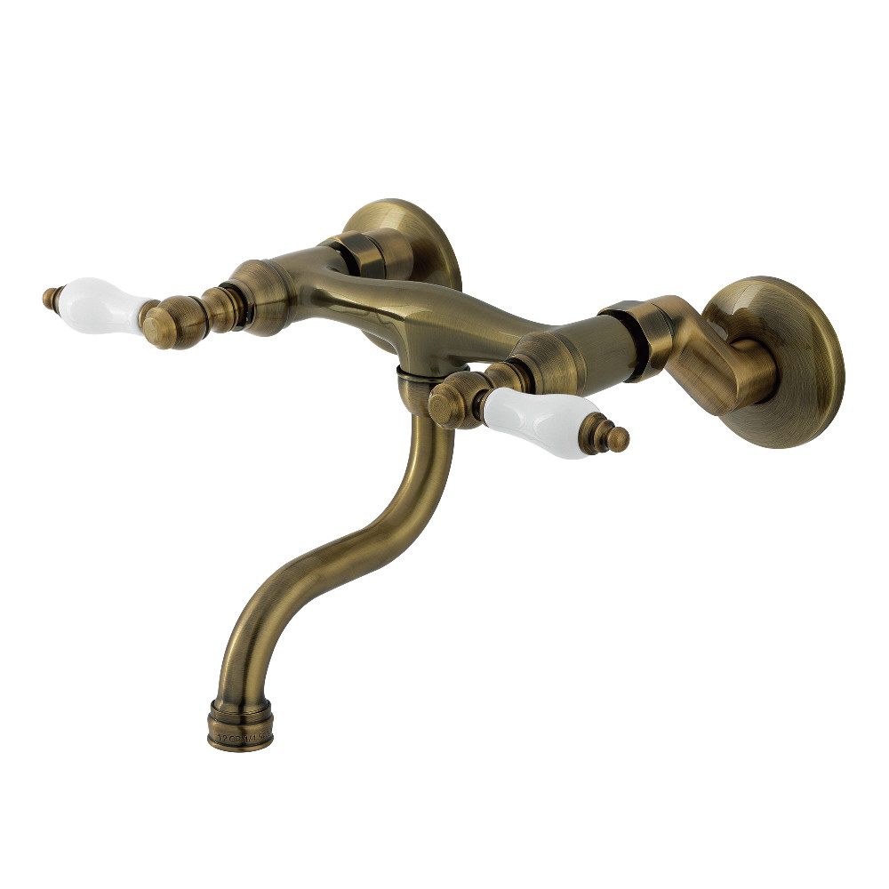 KS2113PL Double-Handle Wall Mount Bathroom Faucet, Antique Brass