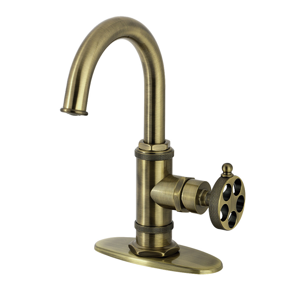 KSD2213RKZ One-Handle Single-Hole Bathroom Faucet with Knurled Handle, Deck Plate, & Push Pop-Up Drain - Antique Brass