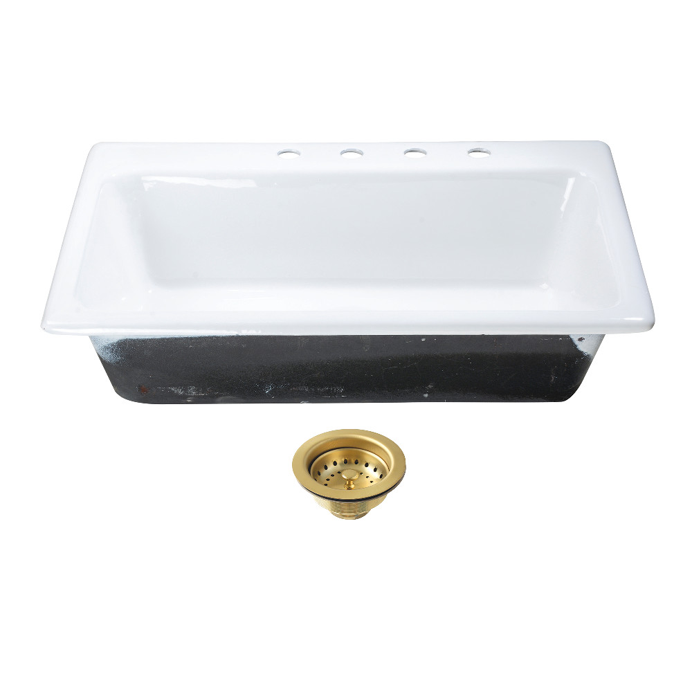 Picture of Kingston Brass KGCKTS332297 Towne 33 in. Cast Iron Self-Rimming Single Bowl Drop-In Kitchen Sink with Strainer - White & Brushed Brass