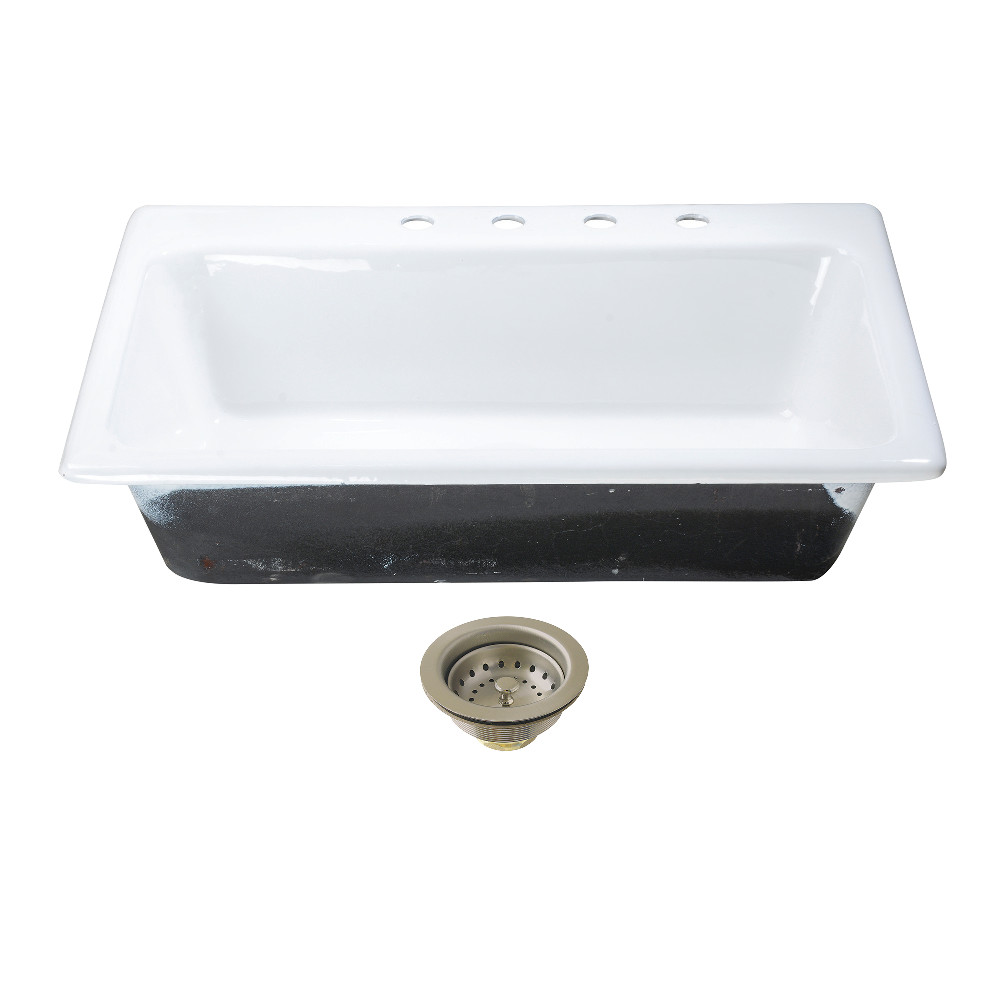 Picture of Kingston Brass KGCKTS332298 Towne 33 in. Cast Iron Self-Rimming Single Bowl Drop-In Kitchen Sink with Strainer - White & Brushed Nickel