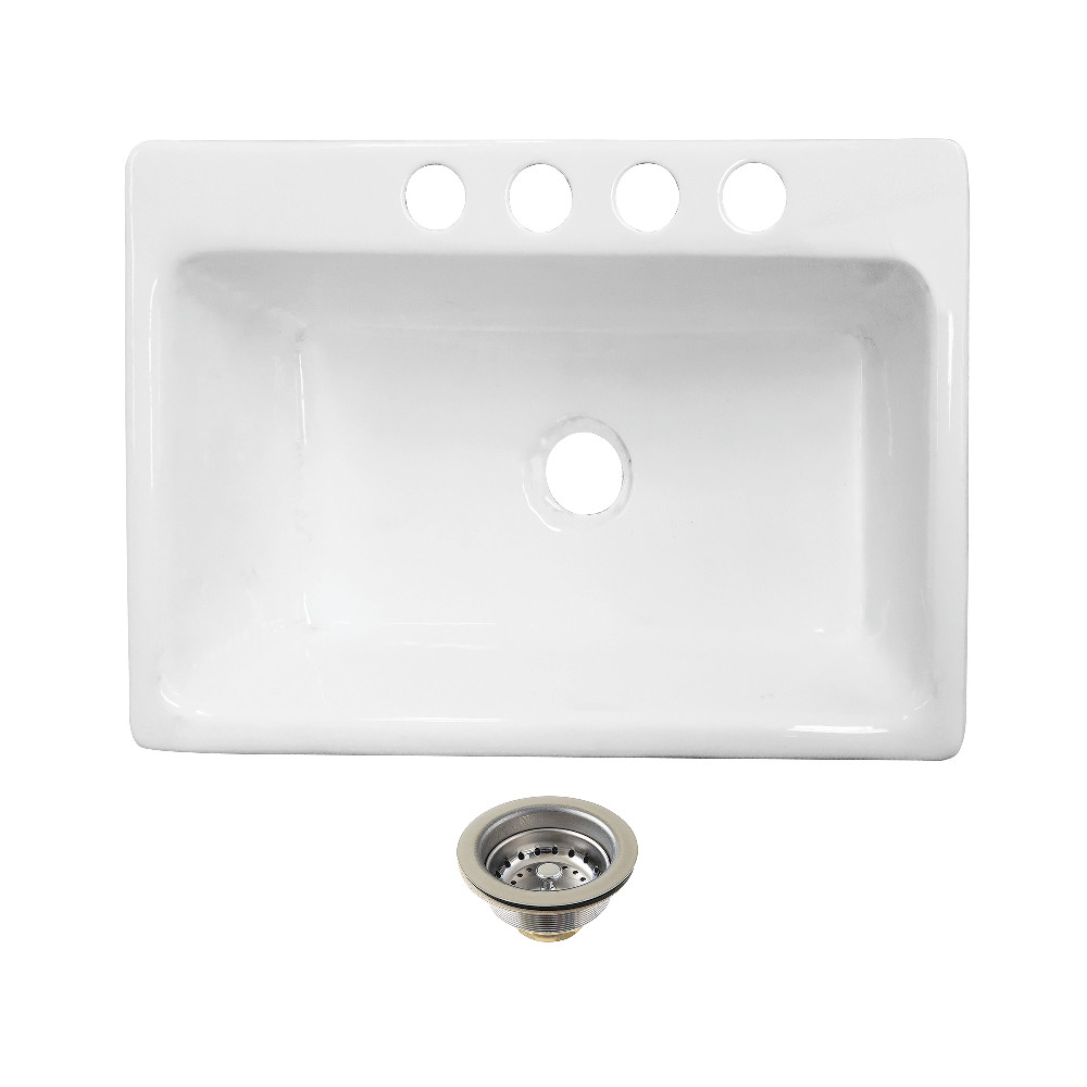 Picture of Kingston Brass KGCKUS332291 Towne 33 in. Cast Iron Single Bowl Undermount Kitchen Sink with Strainer - White & Polished Chrome