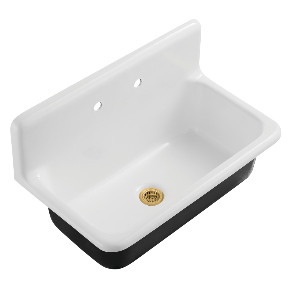 Picture of Kingston Brass KGCKWS3620117 Petra Galley 36 in. Cast Iron Single Bowl Wall Mount Kitchen Sink with Strainer - White & Brushed Brass