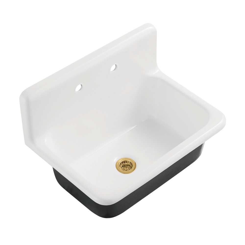 Picture of Kingston Brass KGCKWS3020107 Petra Galley 30 in. Cast Iron Single Bowl Wall Mount Kitchen Sink with Strainer - White & Brushed Brass