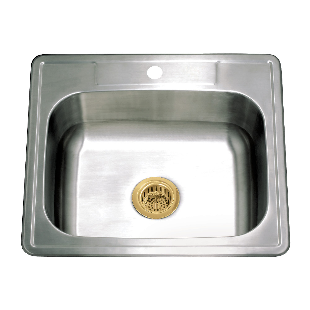 Picture of Kingston Brass KGKTS2522917 25 x 22 x 9.18 in. Studio Stainless Steel Self-Rimming Single Bowl Drop-In Kitchen Sink with Strainer, Stainless Steel & Brushed Brass