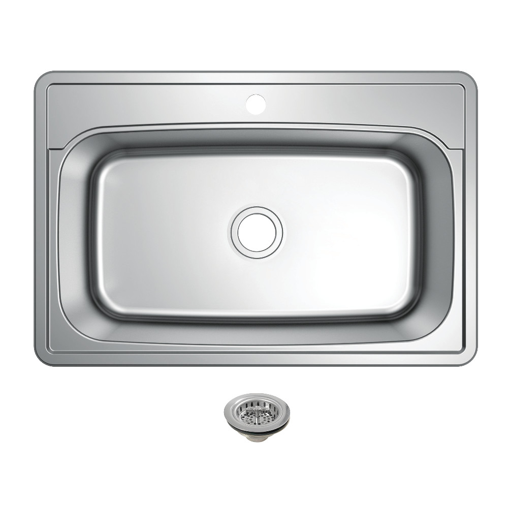 Picture of Kingston Brass KGKTS33229011 33 in. Stainless Steel Self-Rimming Single Bowl Drop-In Kitchen Sink with Strainer, Stainless Steel & Polished Chrome