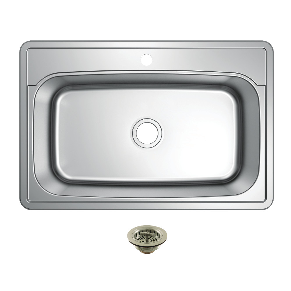 Picture of Kingston Brass KGKTS33229018 33 in. Stainless Steel Self-Rimming Single Bowl Drop-In Kitchen Sink with Strainer, Stainless Steel & Brushed Nickel