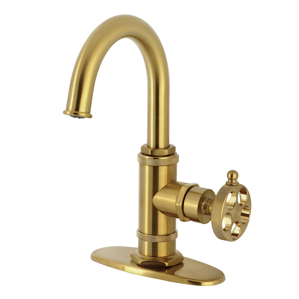 KSD2217RKZ One-Handle Single-Hole Bathroom Faucet with Knurled Handle, Deck Plate, & Push Pop-Up Drain - Brushed Brass