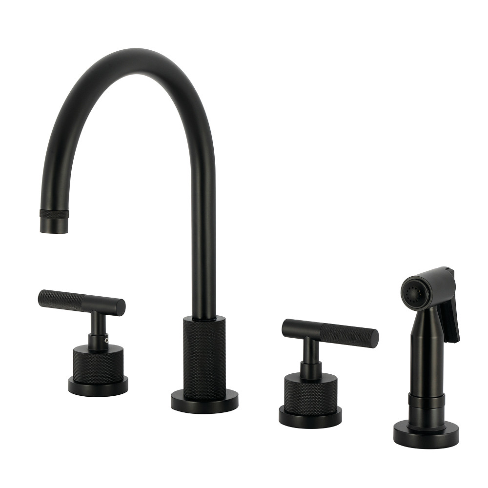 Picture of Kingston Brass KS8720KNLBS Convergent Double-Handle Widespread Kitchen Faucet with Knurled Handle & Brass Sprayer - Matte Black