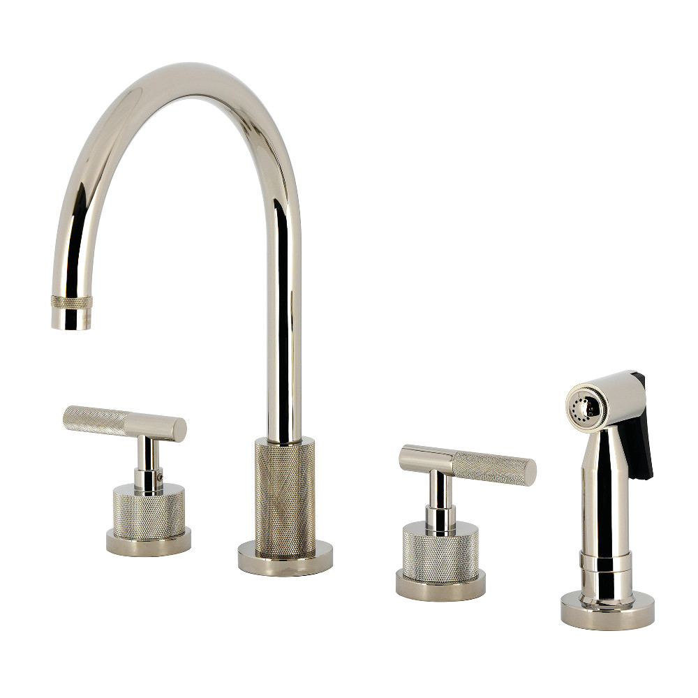 Picture of Kingston Brass KS8726KNLBS Convergent Double-Handle Widespread Kitchen Faucet with Knurled Handle & Brass Sprayer - Polished Nickel