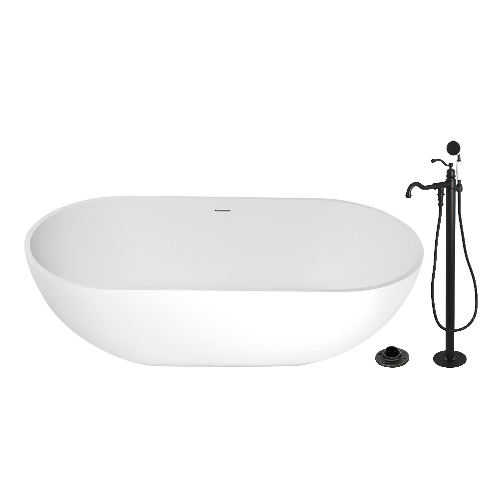KRTRS7035130AL 70 in. Solid Surface Oval Double Ended Freestanding Tub with Faucet Combo & Drain, Matte Black